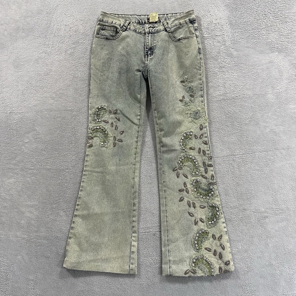 Black Cat Jeans Women's 28 Embellished Crystal Jewels Floral Bootcut Blue
